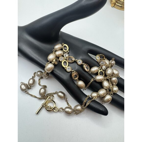 Vintage Yellow Gold Filled Bezel Set Clear Crystals Faux Pearl Necklace Monet - Picture 9 of 9